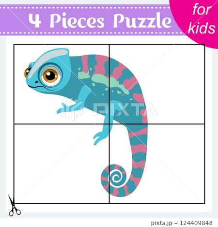 Puzzle game for kids. Puzzle pieces. Zoo animals. Bright chameleon. Education worksheet. Activity page. 124409848