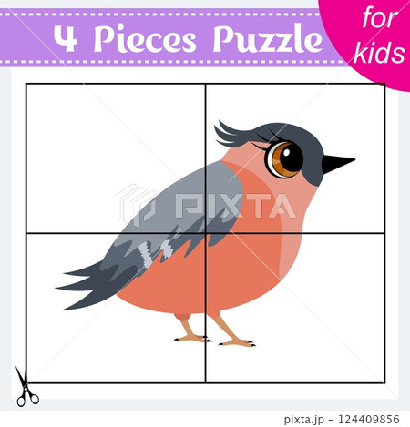 Puzzle game for kids. Puzzle pieces. Zoo animals. Bullfinch bird. Education worksheet. Activity page. 124409856