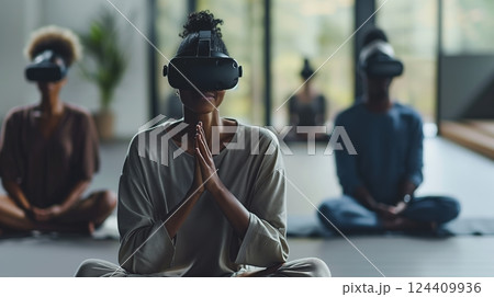 A VR meditation retreat for mindfulness and relaxation in serene digital environments calms users. A VR meditation retreat for mindfulness and relaxation in serene digital environments calms users. 124409936