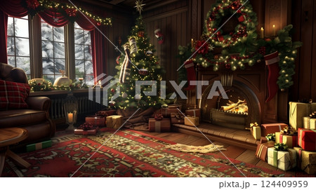 A festive Christmas 3D background with traditional decorations, twinkling lights, and a cozy ambiance. 124409959
