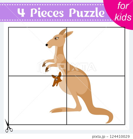 Puzzle game for kids. Puzzle pieces. Zoo animals. Mother kangaroo with baby kangaroo. Education worksheet. Activity page. Puzzle game for kids. Puzzle pieces. Zoo animals. Mother kangaroo with baby kangaroo. Education worksheet. Activity page. 124410029