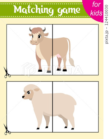 Puzzle game for kids. Puzzle pieces. Farm animals. Cow and sheep. Education worksheet. Activity page. Puzzle game for kids. Puzzle pieces. Farm animals. Cow and sheep. Education worksheet. Activity page. 124410030