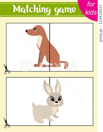 Puzzle game for kids. Puzzle pieces. Farm animals. Dog and rabbit. Education worksheet. Activity page. 124410037