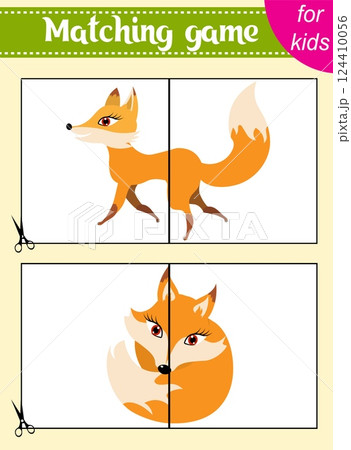 Puzzle game for kids. Puzzle pieces. Zoo animals. Red mischievous foxes. Education worksheet. Activity page. 124410056