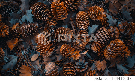 A pile of pine cones scattered on the forest floor, their earthy tones enhancing the natural beauty. 124410138
