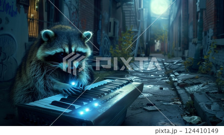 A charismatic raccoon plays a glowing-key keyboard in a dim alley, enchanting the night with its talent. 124410149