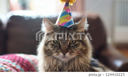 A disinterested cat in a bright party hat looks unimpressed by the festive occasion around it. 124410225