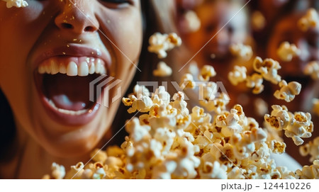 A person bursts into uncontrollable laughter, spilling popcorn and amusing, while slightly annoying nearby moviegoers. 124410226