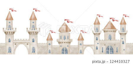 Watercolor illustration of a medieval Castle with tall towers, arched gates, and decorative flags. Drawing of seamless Border with medieval fairytale fortress with stone walls and battlements. 124410327