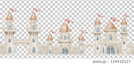 Watercolor illustration of a medieval Castle with tall towers, arched gates, and decorative flags. Drawing of seamless Border with medieval fairytale fortress with stone walls and battlements. 124410327