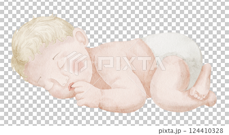 Watercolor illustration of a sleeping Baby. Drawing of cute little Infant delicate and in soft pastel colors for baby shower invitations or newborn party greeting cards. Art for nursery decorations. Watercolor illustration of a sleeping Baby. Drawing of cute little Infant delicate and in soft pastel colors for baby shower invitations or newborn party greeting cards. Art for nursery decorations. 124410328