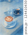 ラテアートとエスプレッソを描いた静かなカフェのひととき　透明感あふれる水彩イラスト 124410430