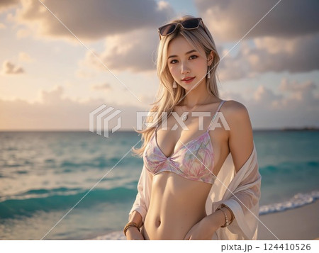 海辺に立つ水着の若い女性 124410526