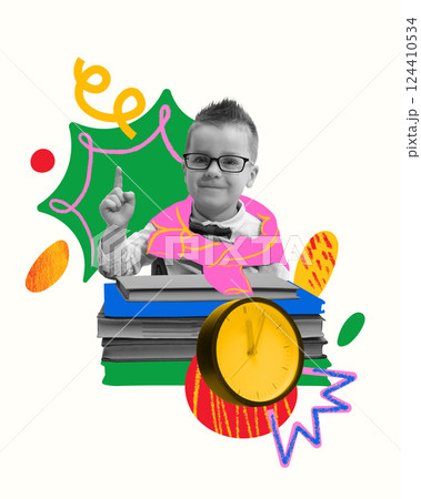 Conceptual art collage. Boy sitting near stack of books with clock, pointing up, symbolizing knowledge, time management, academic readiness. Conceptual art collage. Boy sitting near stack of books with clock, pointing up, symbolizing knowledge, time management, academic readiness. 124410534