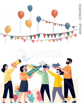 Family and friends playing water guns during Songkran 124410552