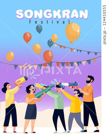 Songkran water festival celebration with balloons and water guns 124410555
