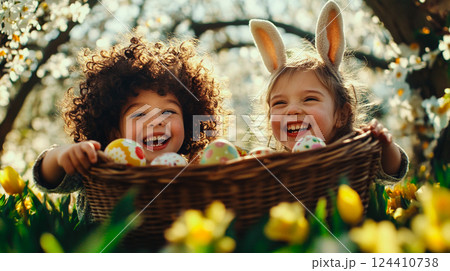 Little boy and girl with a wicker basket on green lawn. Celebrating Easter on a nature in spring season. Happy children are laughing having fun. This is AI-generated item 124410738