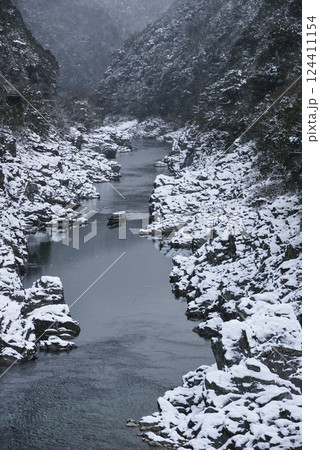 奇岩入り組む雪景色の大歩危峡遊覧 124411154