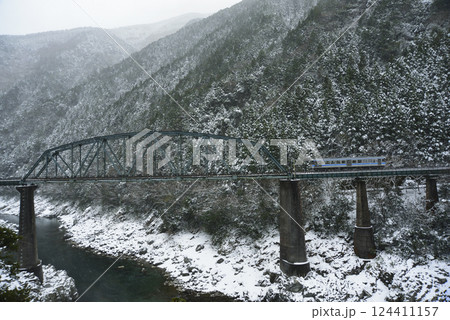 雪の大歩危峡と吉野川第二橋梁を走行する列車 雪の大歩危峡と吉野川第二橋梁を走行する列車 124411157
