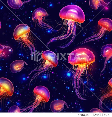 Seamless Pattern of Glowing Jellyfish on Dark Background for Wallpaper Design Seamless Pattern of Glowing Jellyfish on Dark Background for Wallpaper Design 124411397