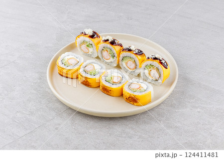 Japanese Sushi Rolls Philadelphia Uramaki Plate on Gray Background for Restaurant Menu or Food Delivery Japanese Sushi Rolls Philadelphia Uramaki Plate on Gray Background for Restaurant Menu or Food Delivery 124411481