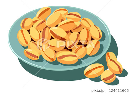Plate with pistachios. Vector isolated illustration 124411606