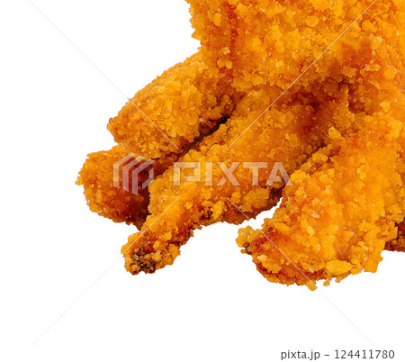Crispy fried chicken strips on white background 124411780