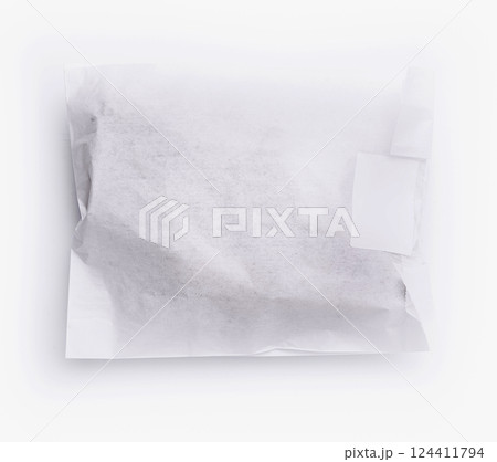 Crumpled white paper bag with blank label for branding mockup Crumpled white paper bag with blank label for branding mockup 124411794