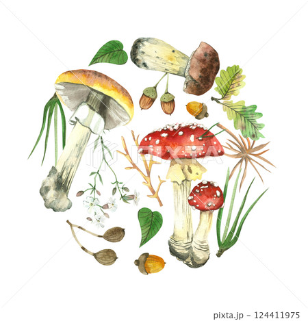 Round composition on a forest theme, mushrooms, acorns, oak leaves, flowers and wild berries. All objects are hand-painted with watercolors. Suitable for printing on postcards, decor and design. Round composition on a forest theme, mushrooms, acorns, oak leaves, flowers and wild berries. All objects are hand-painted with watercolors. Suitable for printing on postcards, decor and design. 124411975