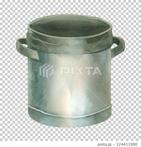 Metallic vintage saucepan gray color hand painted with watercolor and isolated on white background. Watercolor illustration. Suitable for printing on paper, fabric, for decoration. 124411980