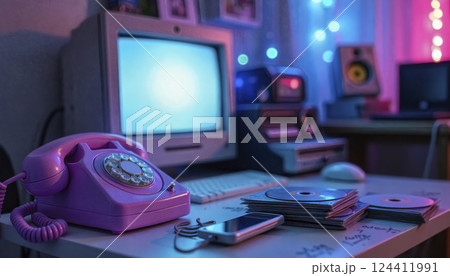 Nostalgic retro workspace with colorful lighting and vintage technology features various iconic items from past decades 124411991