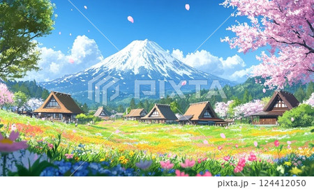 富士山と桜咲く里 124412050