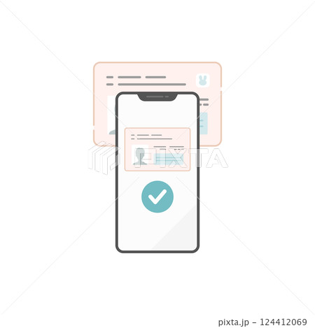 スマホでマイナンバーカードを読み取って本人確認するアイコン（認証・チェック付き） 124412069