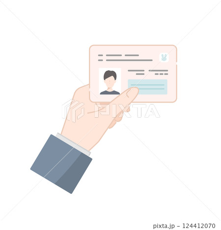 手に持ったマイナンバーカードを提示するベクターアイコン （本人確認・証明書）スーツの男性 124412070