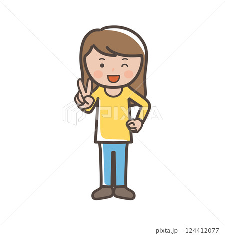笑顔でピースをする若いパンツルックの女性の全身イラスト 124412077