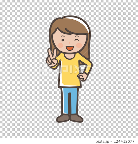 笑顔でピースをする若いパンツルックの女性の全身イラスト 124412077