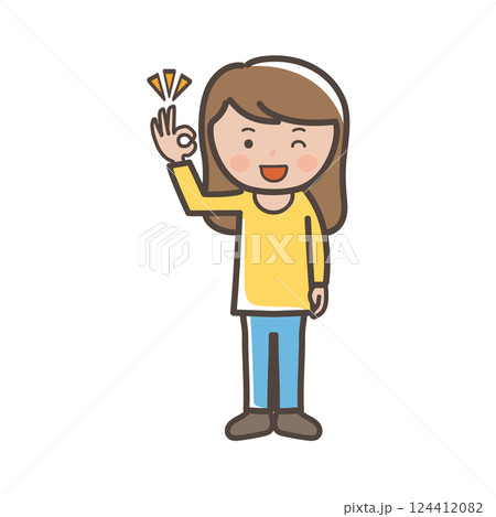 了解のOKサインを出す若いパンツルックの女性の全身イラスト 124412082