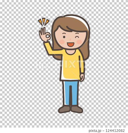 Full-body illustration of a young woman in pants giving an OK sign of understanding Full-body illustration of a young woman in pants giving an OK sign of understanding 124412082