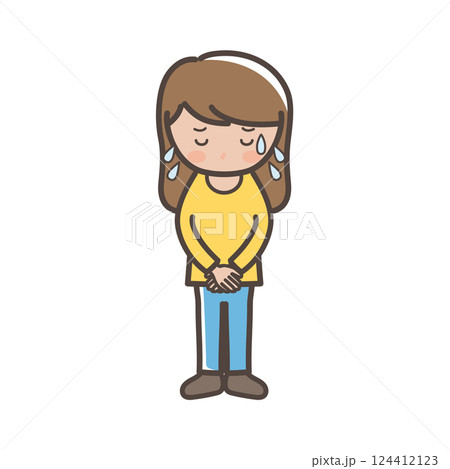 冷や汗をかいて謝罪する若いパンツルックの女性の全身イラスト 冷や汗をかいて謝罪する若いパンツルックの女性の全身イラスト 124412123