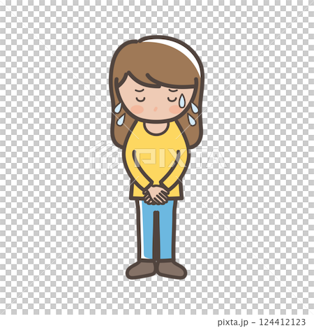 冷や汗をかいて謝罪する若いパンツルックの女性の全身イラスト 冷や汗をかいて謝罪する若いパンツルックの女性の全身イラスト 124412123