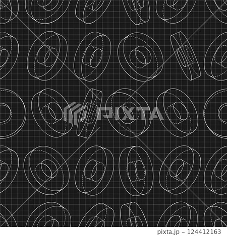 Mechanical engineering drawings on black background. Cutter, assembly tool with replaceable multi-faceted plate. Technical Design. Cover. Blueprint. Vector illustration. Seamless pattern. 124412163