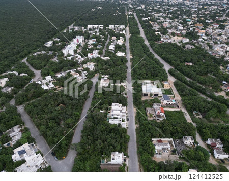 tulum aerial cityscape with drone yucatan mexico tulum aerial cityscape with drone yucatan mexico 124412525