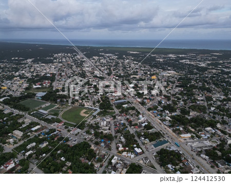 tulum aerial cityscape with drone yucatan mexico tulum aerial cityscape with drone yucatan mexico 124412530
