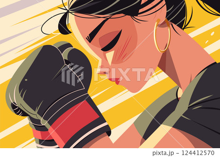 Vibrant vector illustration of a female boxer poised for action, exuding confidence and strength. Ideal for sports, fitness, and empowerment themes. Vibrant vector illustration of a female boxer poised for action, exuding confidence and strength. Ideal for sports, fitness, and empowerment themes. 124412570