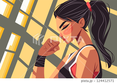 Vivid vector illustration of a female boxer in a fighting stance, radiating confidence and power. Ideal for sports, fitness, and motivational content. 124412571