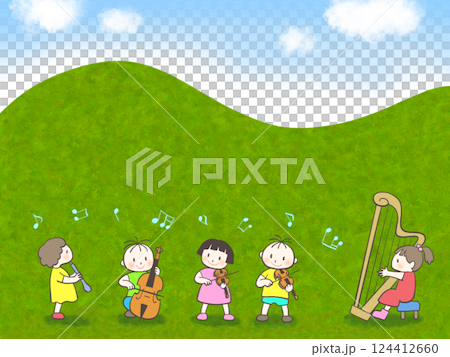 山のふもとで子供たちが合奏をしているイラスト 124412660