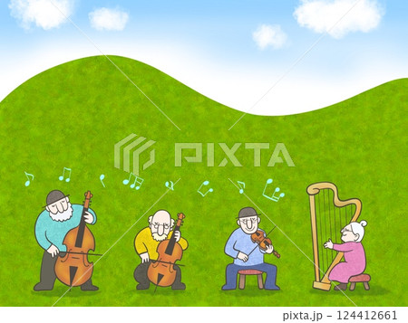 山のふもとでシニアが合奏を楽しんでいるイラスト 124412661