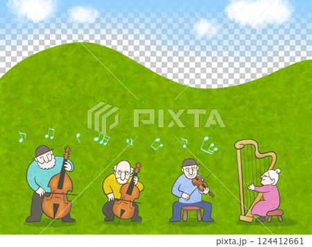 山のふもとでシニアが合奏を楽しんでいるイラスト 124412661