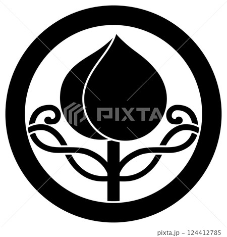 神尾忠重の家紋です。丸に蔓桃といいます。 神尾忠重の家紋です。丸に蔓桃といいます。 124412785