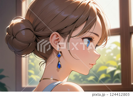 Anime girl with wispy hair and blue eyes at the window, close-up portrait Anime girl with wispy hair and blue eyes at the window, close-up portrait 124412803